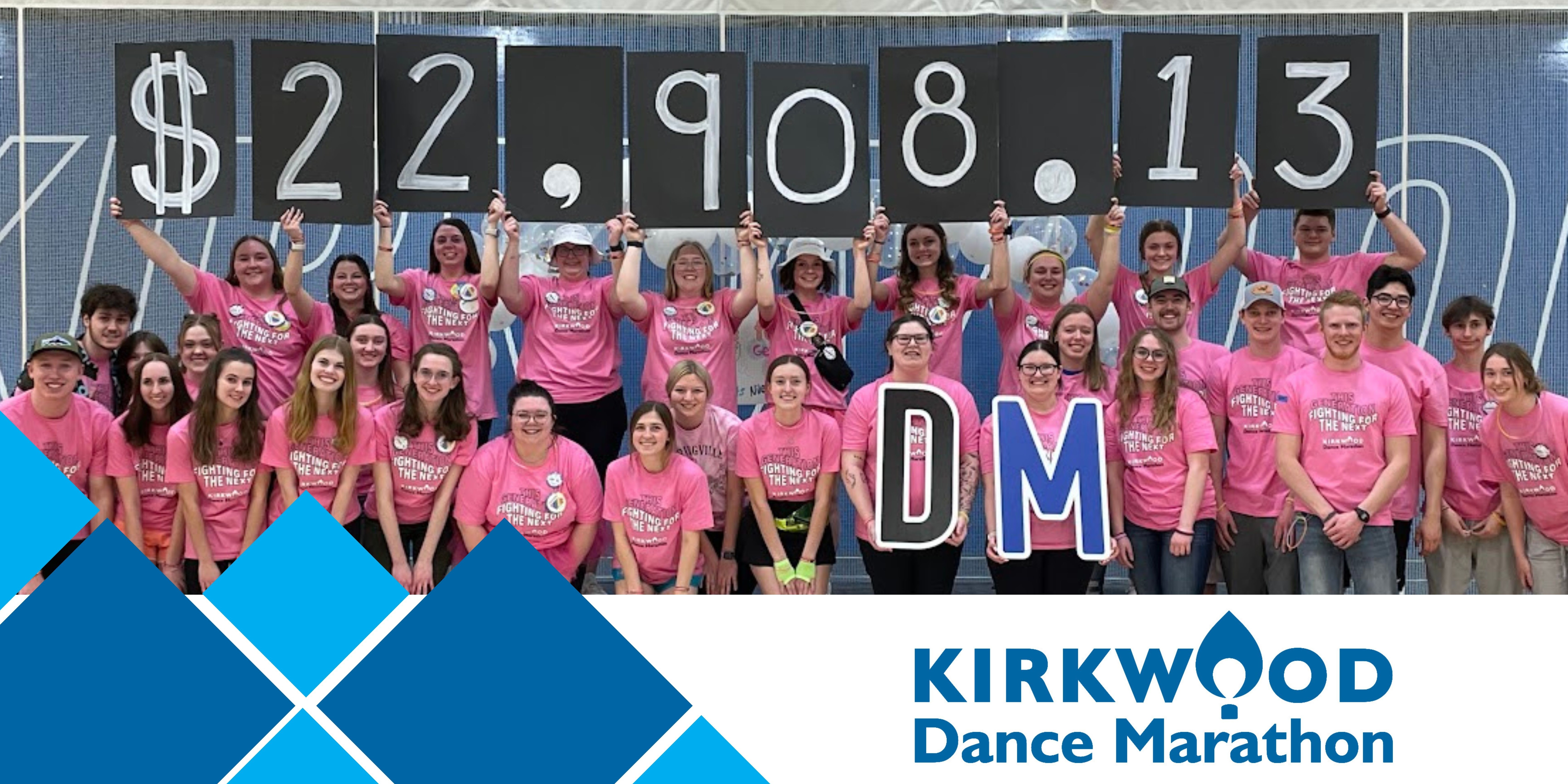 Kirkwood Dance Marathon 2023 Total of $22,908.13 featuring students holding the numbers.