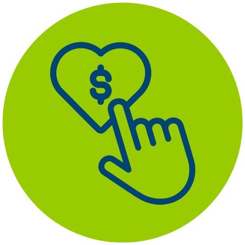 green circle blue outline hand pressing heart with dollar sign