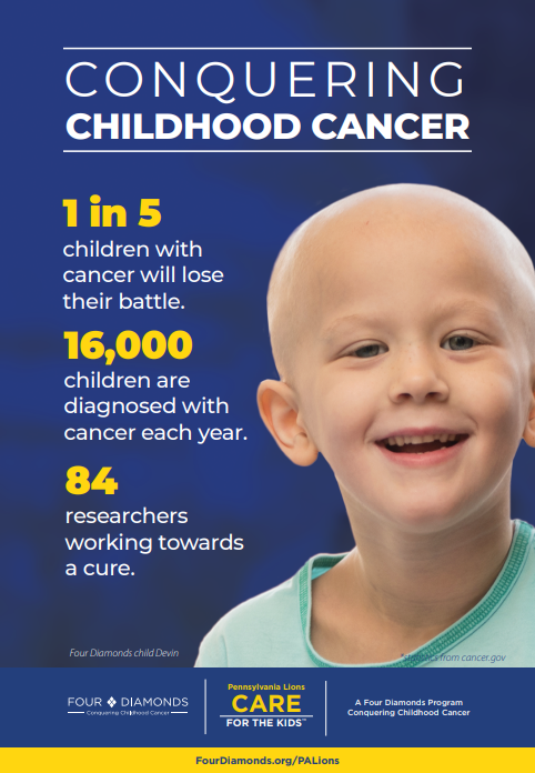 preview of printable handout with Four Diamonds child Devin and stats about childhood cancer.
