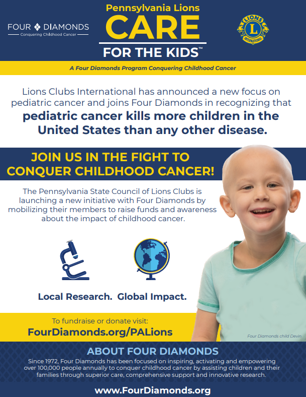 preview of printable handout with Four Diamonds child Devin and details of PA Lions mission.