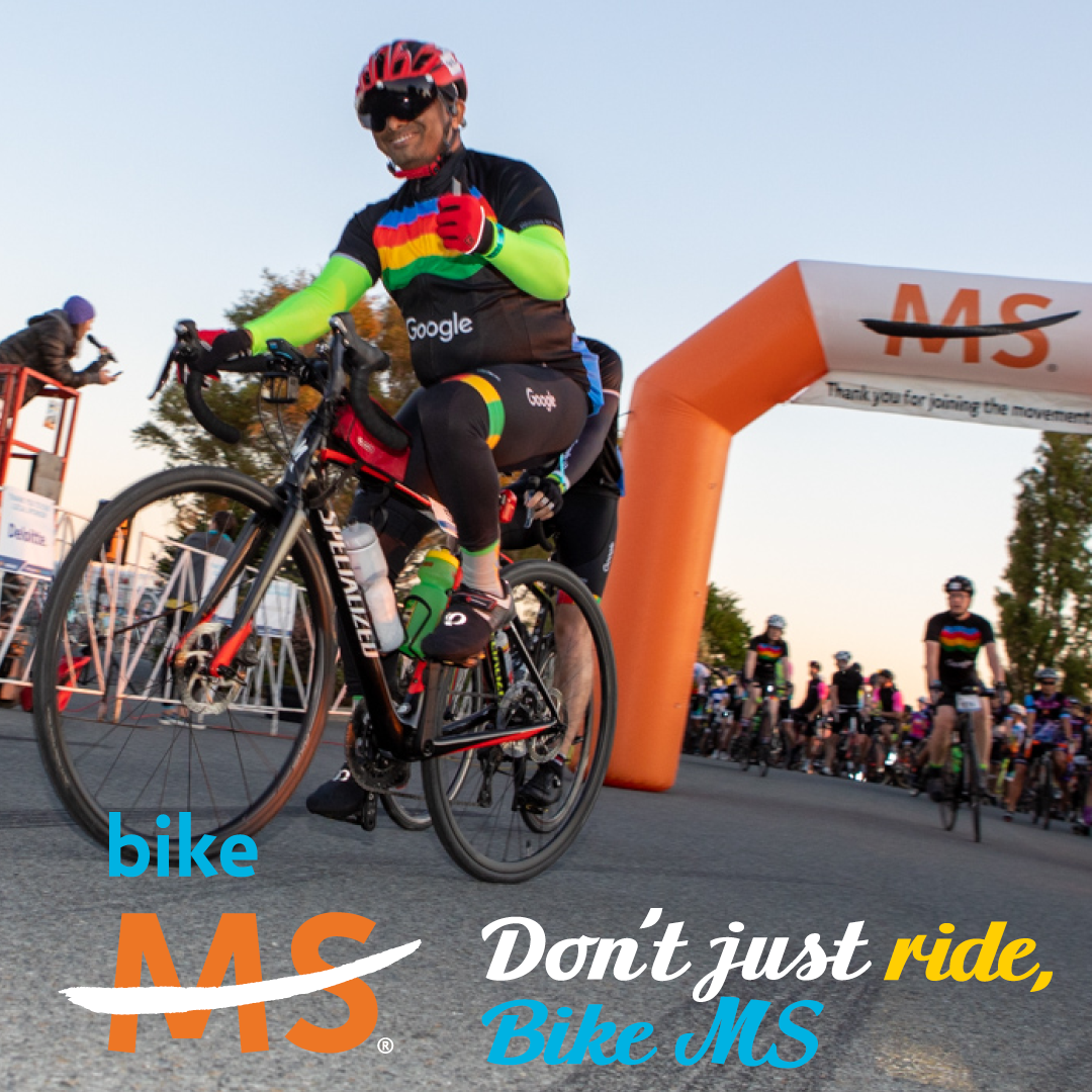 Don't just ride, Bike MS shareable image with a cyclist giving a thumbs up