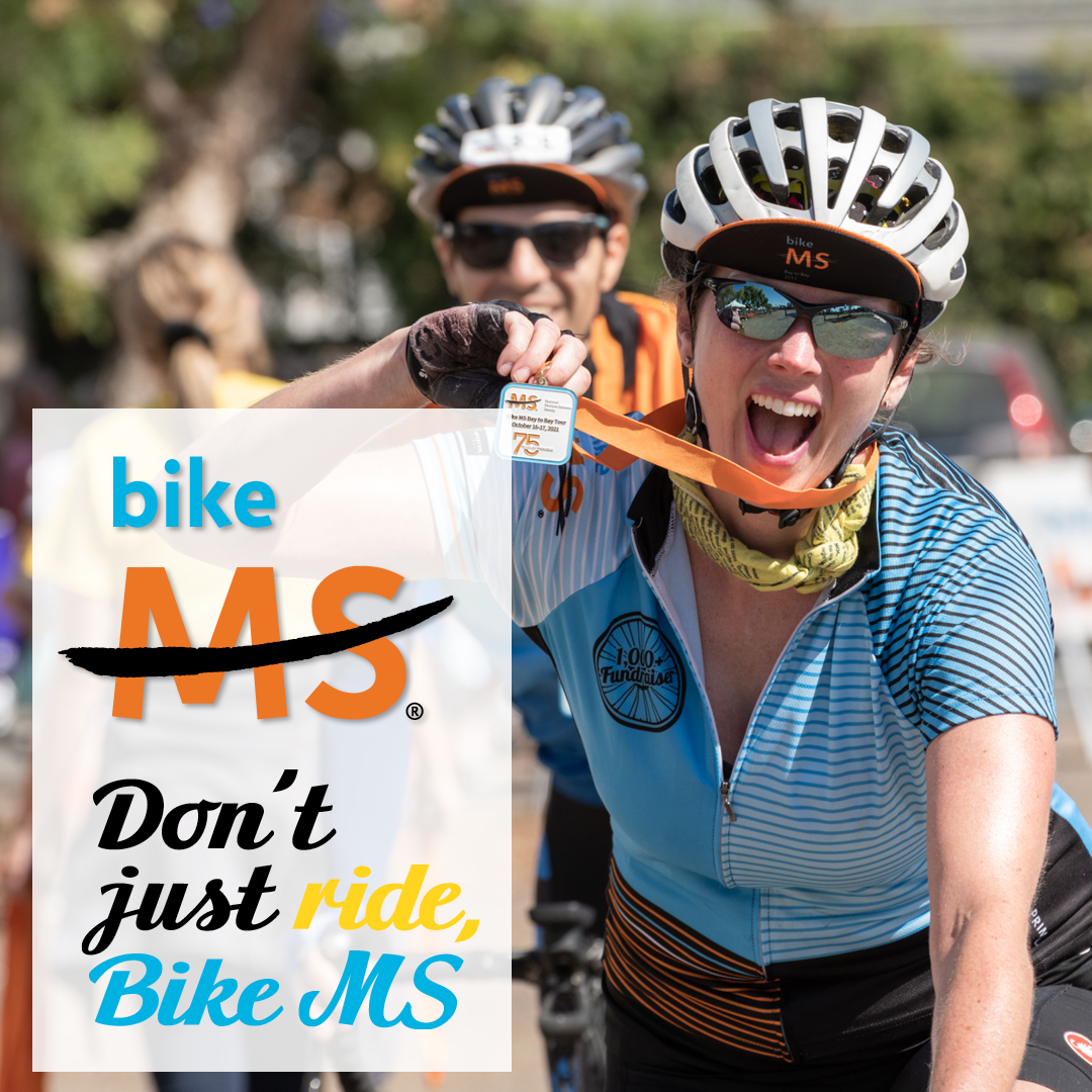 Don't just ride, Bike MS shareable image with a cyclist displaying a medal