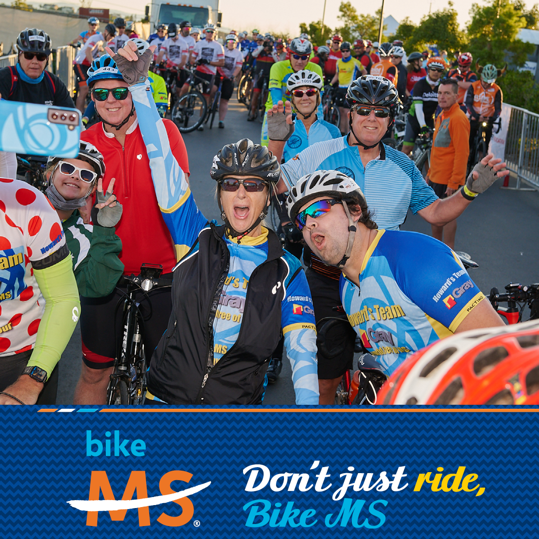 Don't just ride, Bike MS shareable image with a group of enthusiastic cyclists