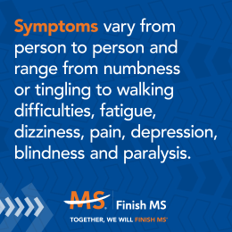 Infographic that reads "Symptoms vary from person to person and range from numbness or tingling to walking difficulties, fatigue, dizziness, pain, depression, blindness and paralysis."
