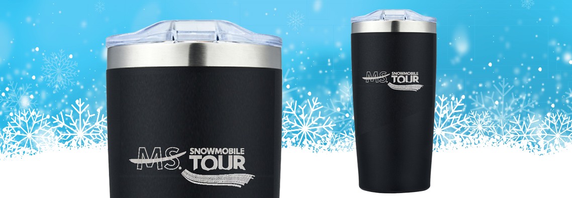 Branded Snowmobile MS black tumbler thermos with a blue background