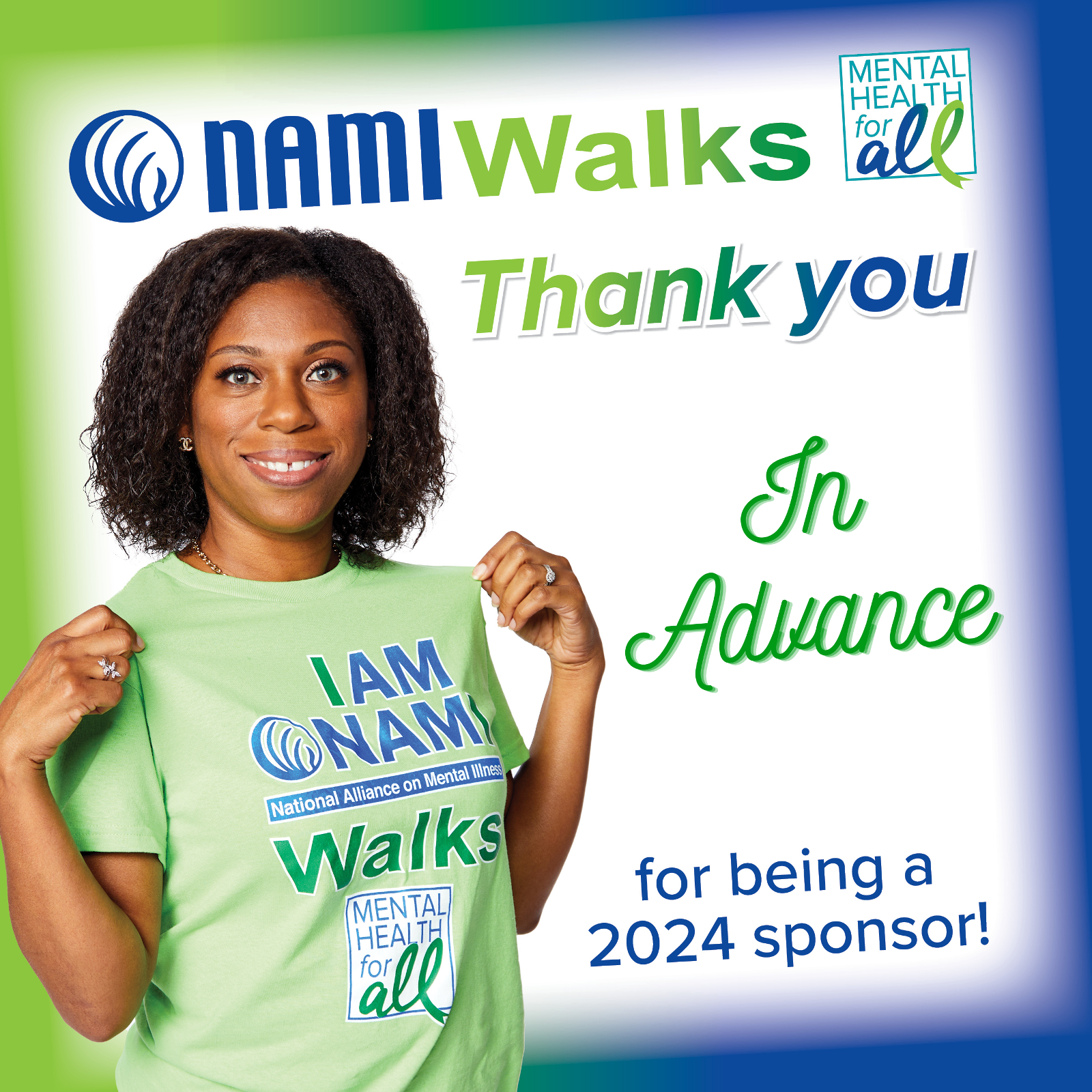 graphic with woman wearing "I am NAMIWalks T-shirt" and caption "Thank you in advance for being a 2024 sponsor."