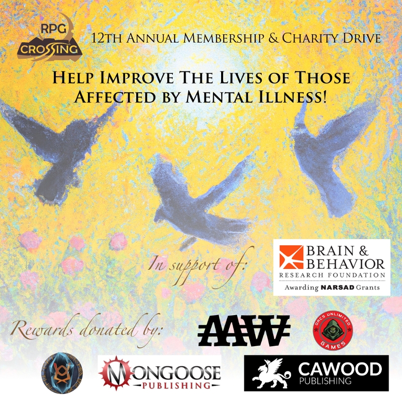 Three birds flying above flowers in the sunlight. Text reads "Help Improve The Lives Of Those Affected By Mental Illness", 12th Annual RPG Crossing Membership & Charity Drive