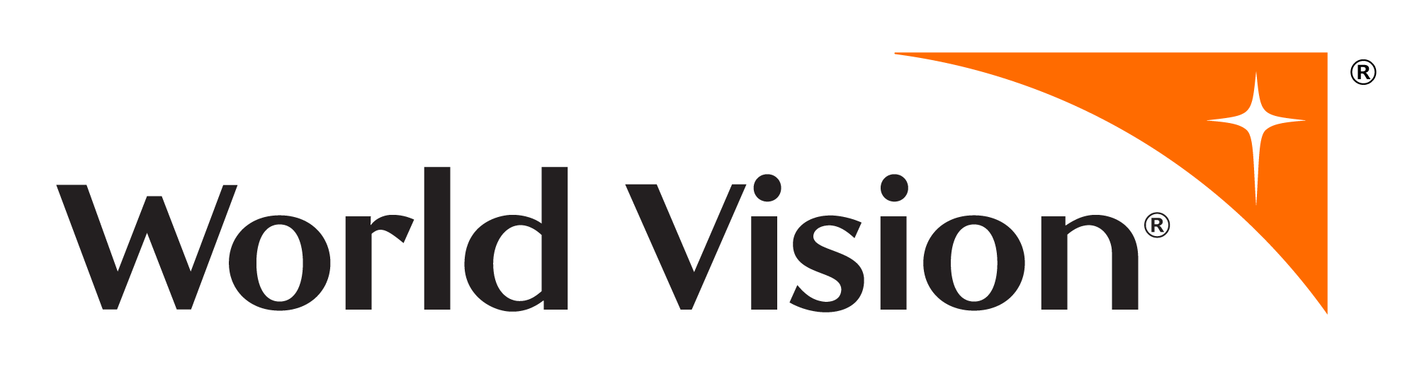 World Vision's logo: The text, World Vision framed by an orange beacon and white star