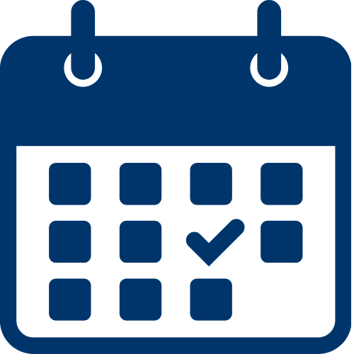 Blue calendar icon with a check mark on one of the calendar's dates.