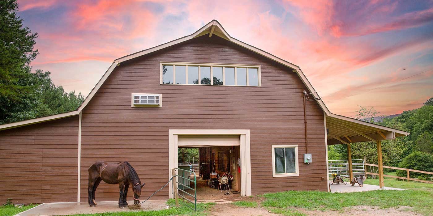 Horse in front of barn at sunset